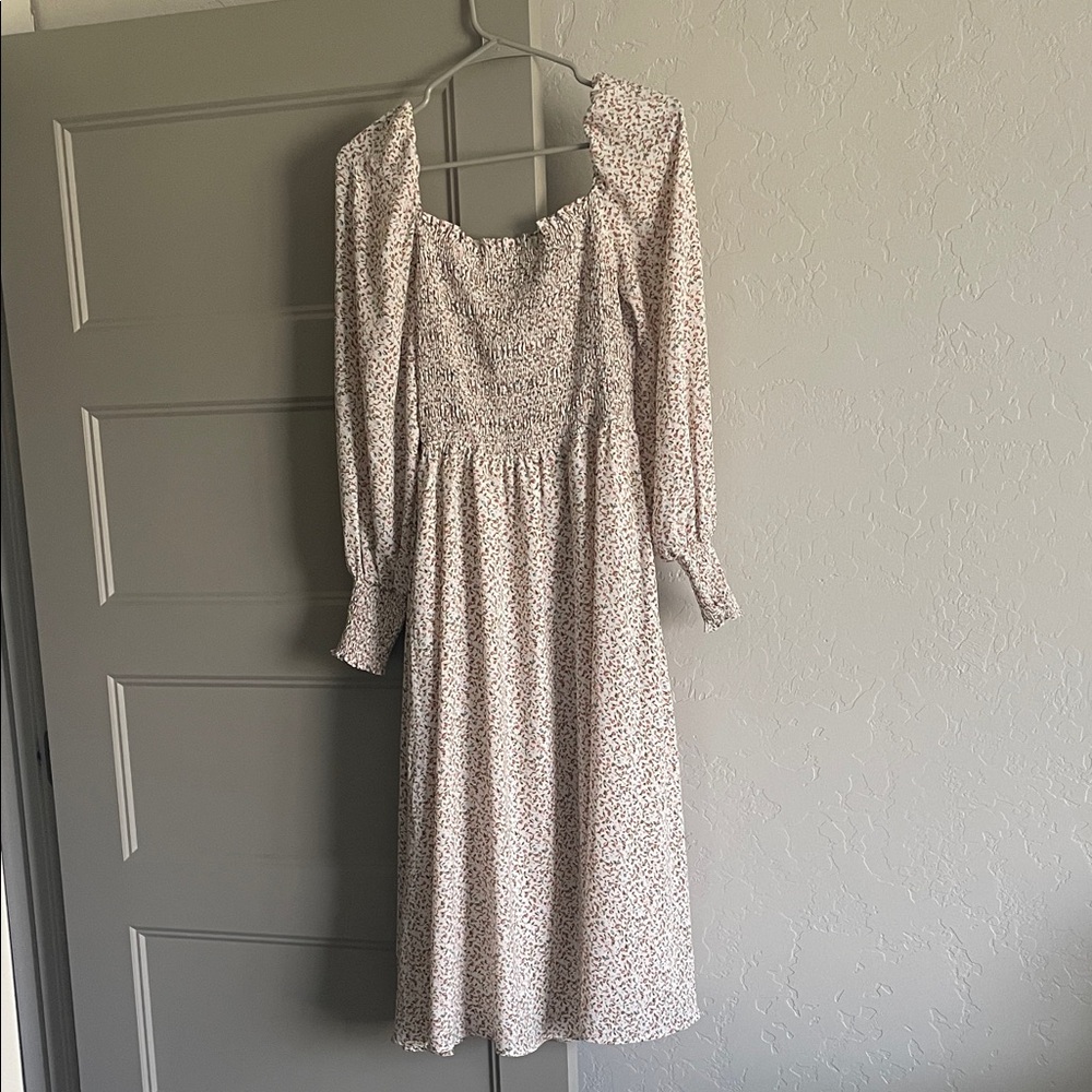 Floral Long Sleeve, Smocked, Midi Dress